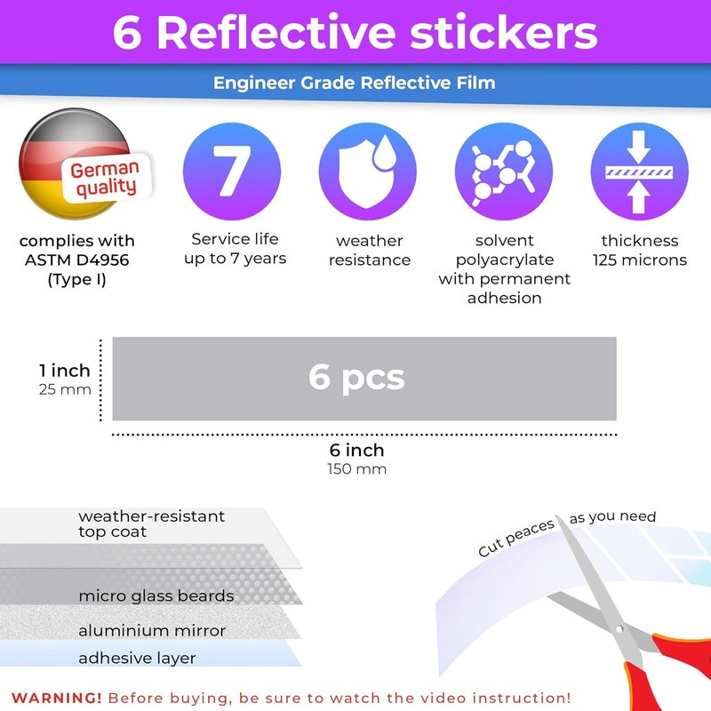 Loom Reflective Stickers for Helmet | 6pcs Engineer Gray | Similar to 3M Reflective Tape | Bike Reflectors for Night Riding, Mailbox reflectors | Waterproof hi vis Decals for Car, Trailer - Image 3